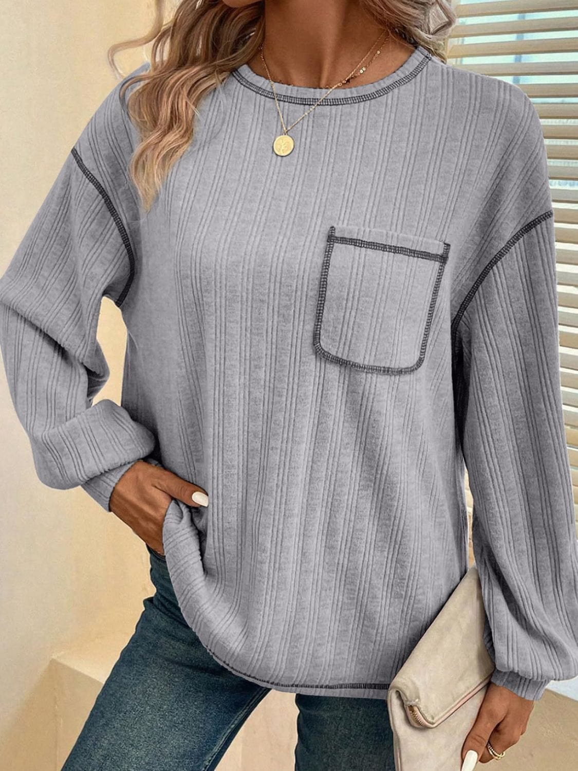 Mandy Contrast Stitching Round Neck Long Sleeve T-Shirt - Trendsi