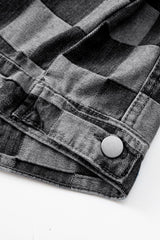 Checkered Button Up Denim Jacket - Trendsi