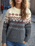 Chevron Contrast Round Neck Long Sleeve Sweater - Trendsi