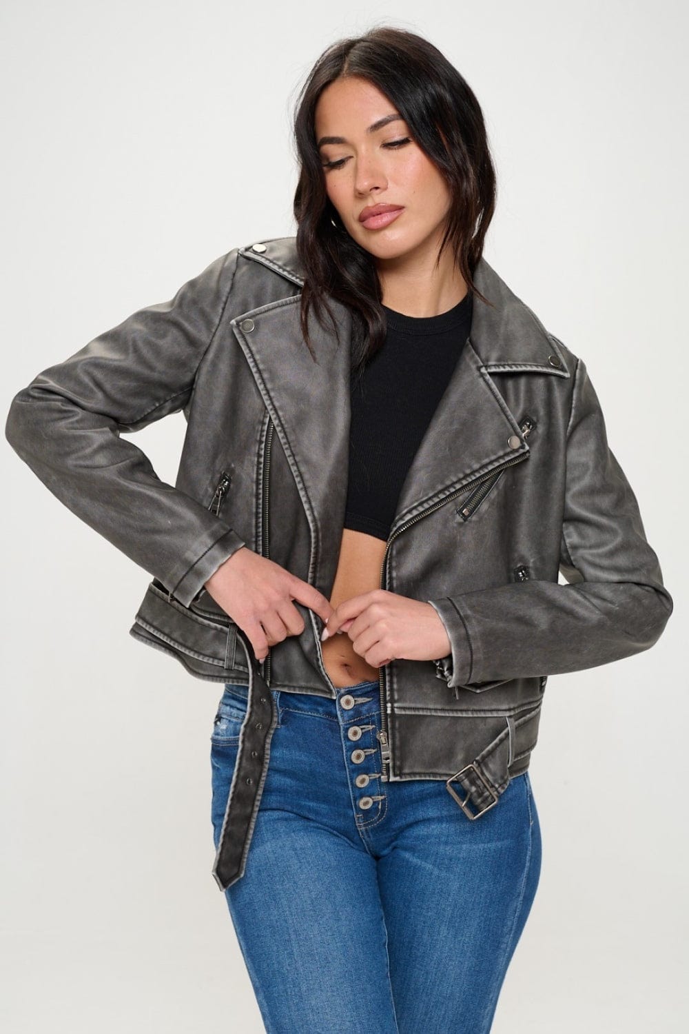 Coalition LA Zip Up Biker Jacket with Belt - Trendsi