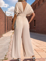 Pleated Short Sleeve Wide Leg Jumpsuit - Trendsi