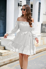 Swiss Dot Off-Shoulder Balloon Sleeve Dress - Flyclothing LLC