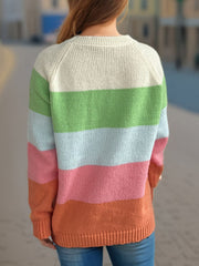 Color Block Round Neck Long Sleeve Sweater - Trendsi