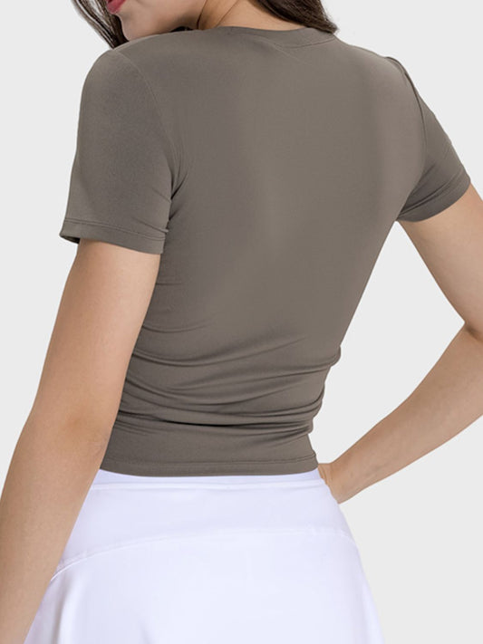 Ruched Round Neck Short Sleeve Active T-Shirt Trendsi