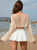 Openwork Boat Neck Long Sleeve Cover-Up - Flyclothing LLC