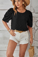 Swiss Dot Round Neck Short Sleeve Blouse Trendsi