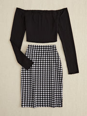 Off-Shoulder Long Sleeve Top and Houndstooth Skirt Set