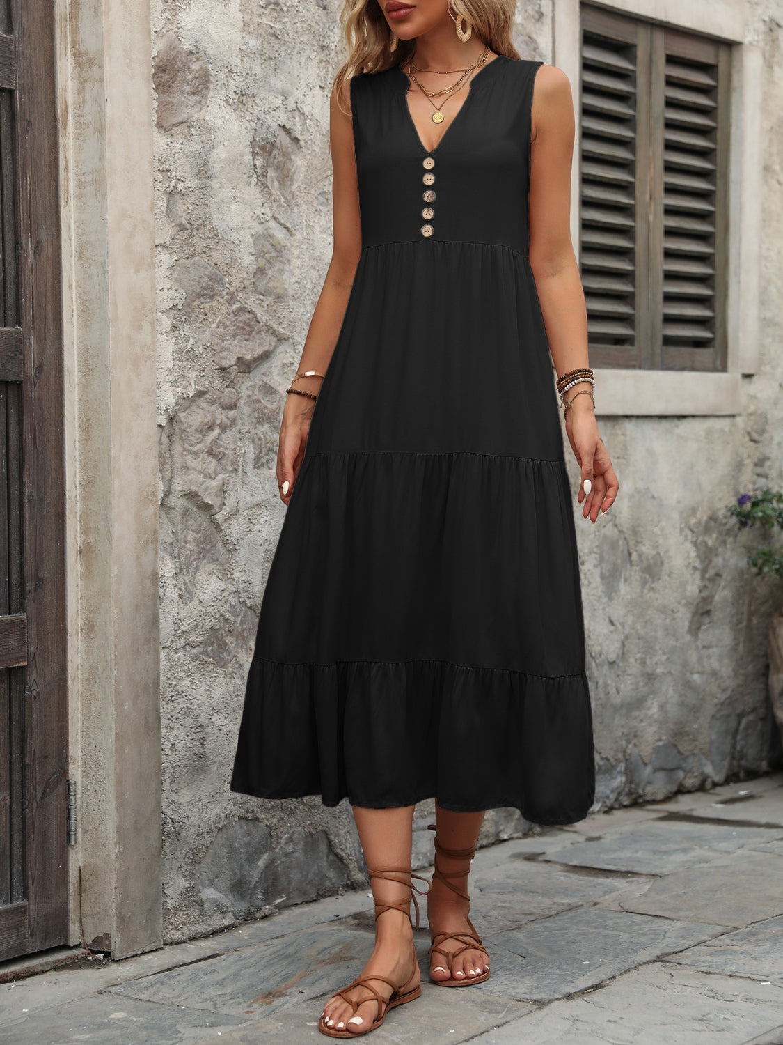 Decorative Button Notched Sleeveless Dress - Trendsi