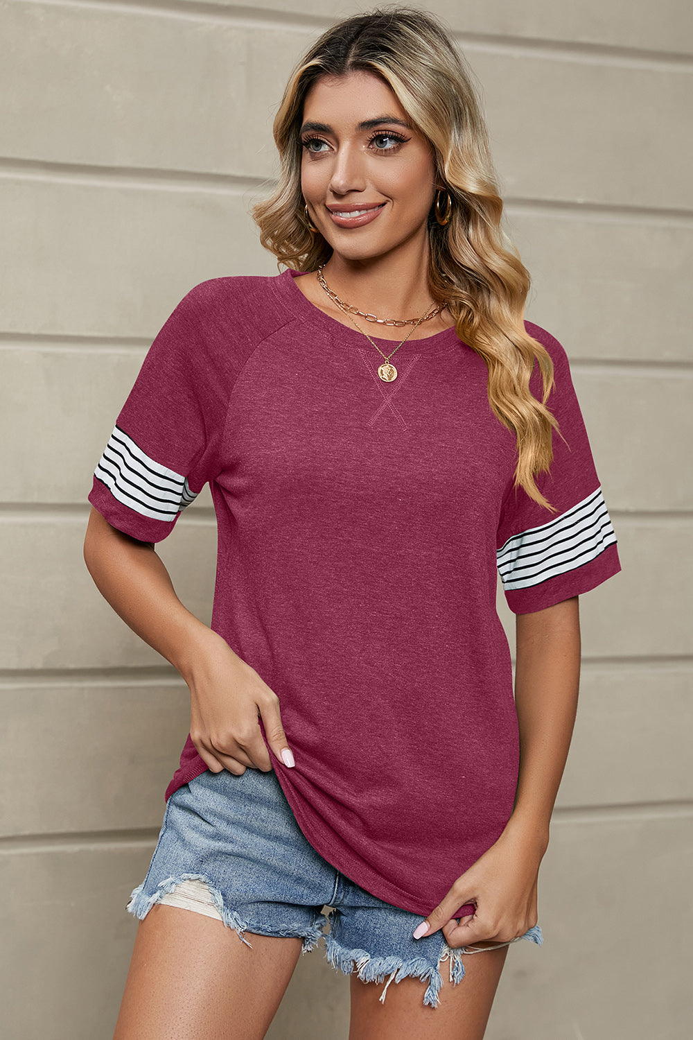 Striped Round Neck Short Sleeve T-Shirt - Flyclothing LLC