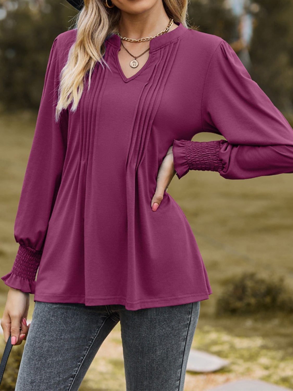 Ruched Notched Long Sleeve T-Shirt - Trendsi