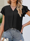 Ruffled V-Neck Cap Sleeve Blouse - Flyclothing LLC