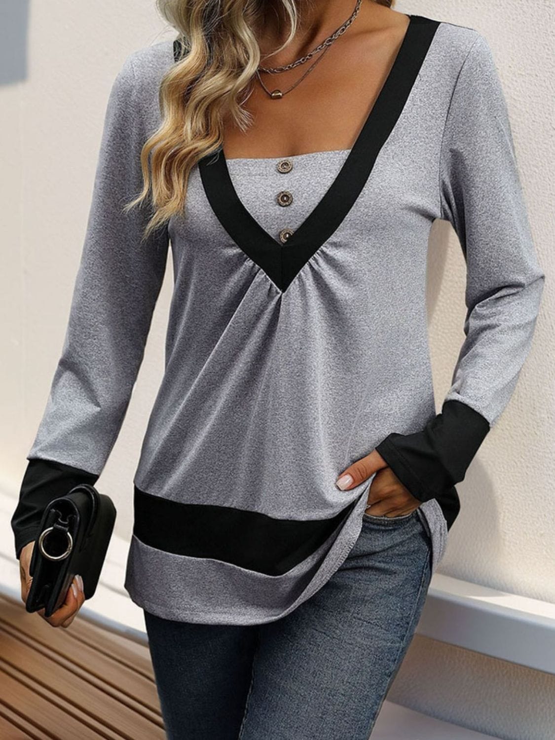 Contrast Long Sleeve T-Shirt - Trendsi