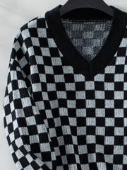 Checkered V-Neck Dropped Shoulder Sweater - Trendsi