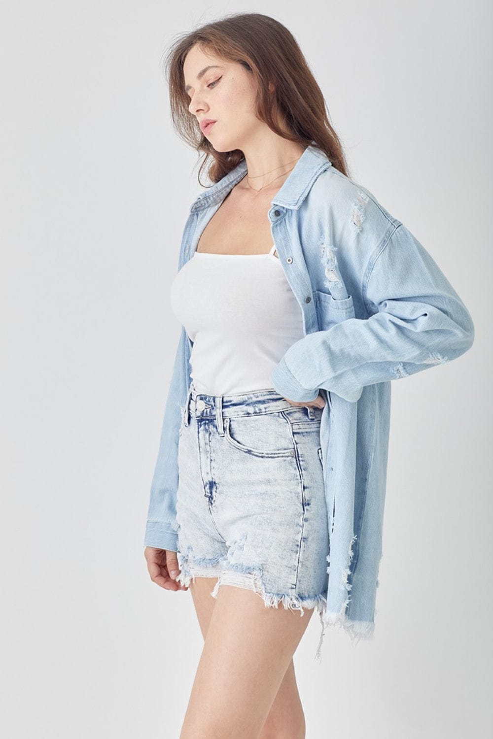 RISEN Raw Hem Distressed High Rise Denim Shorts - Trendsi