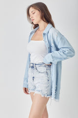 RISEN Raw Hem Distressed High Rise Denim Shorts - Trendsi