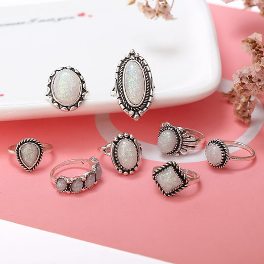 Opal Alloy Geometric Ring 8-Piece Set - Trendsi