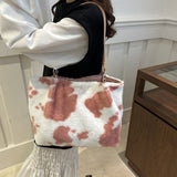 Cow Print Furry Tote Bag - Trendsi