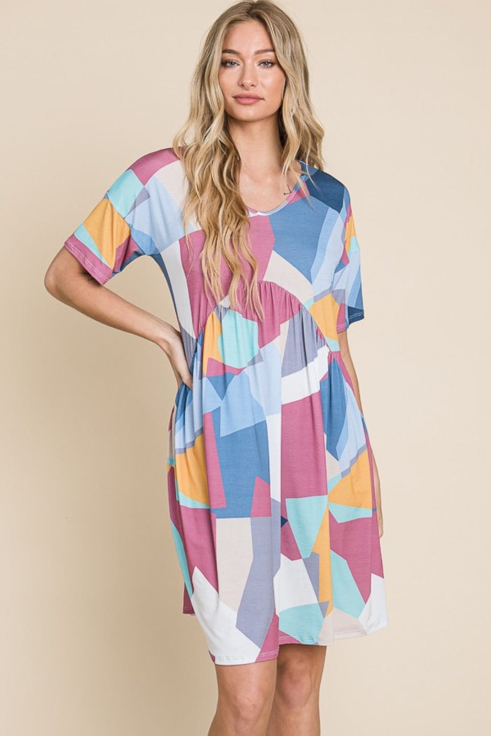 BOMBOM Ruched Color Block Short Sleeve Dress - Trendsi