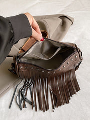 PU Leather Fringe Studded Crossbody Bag - Trendsi