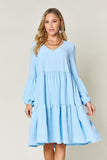 Double Take Full Size V-Neck Balloon Sleeve Tiered Dress - Flyclothing LLC