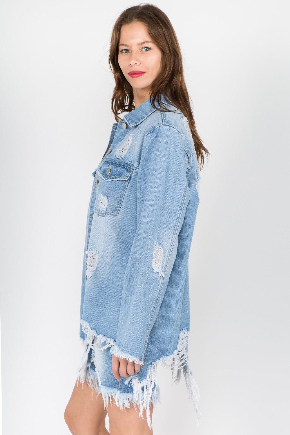 American Bazi Distressed Frayed Hem Denim Jacket - Trendsi