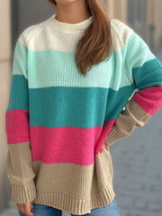 Color Block Round Neck Long Sleeve Sweater - Trendsi