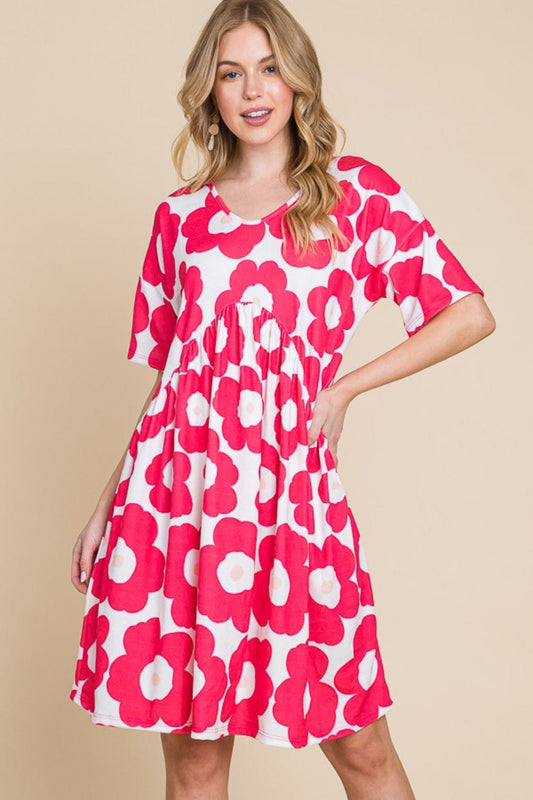 BOMBOM Flower Print Ruched Dress - Trendsi