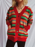 Contrast Stripes Button Up Long Sleeve Cardigan