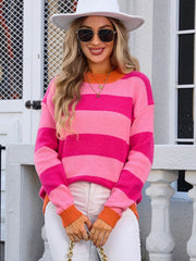 Contrast Striped Round Neck Sweater - Trendsi