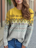 Chevron Contrast Round Neck Long Sleeve Sweater - Trendsi