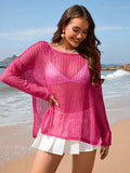 Openwork Slit Boat Neck Long Sleeve Cover-Up - Flyclothing LLC