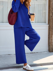 Johnny Collar Long Sleeve Top and Wide Leg Pants Set - Trendsi