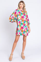 GeeGee Full Size Floral Round Neck Lantern Sleeve Mini Dress - Flyclothing LLC