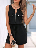 Perfee Drawstring Half Zip Sleeveless Romper - Trendsi