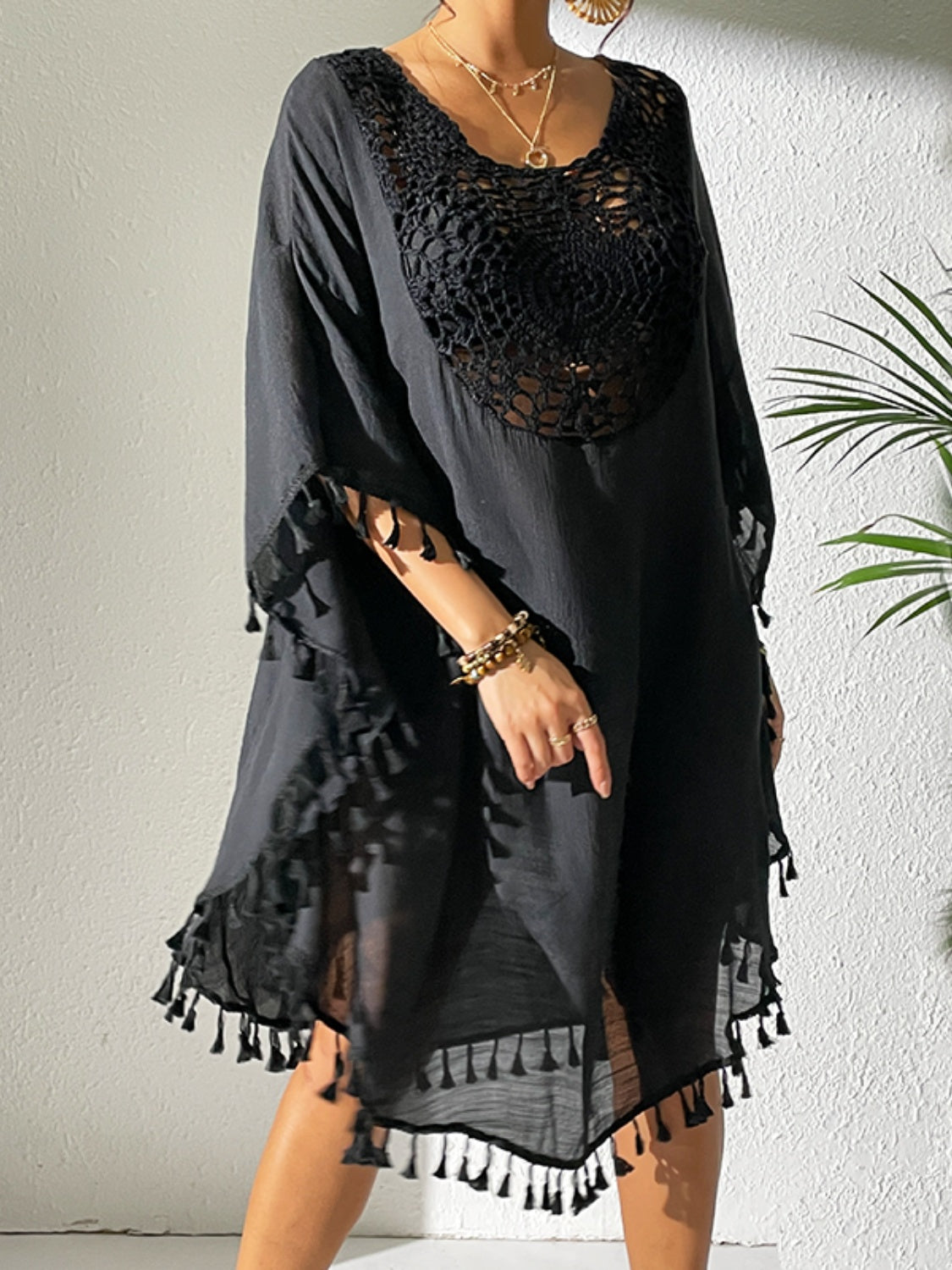 Tassel Cutout Scoop Neck Cover-Up Dress - Flyclothing LLC