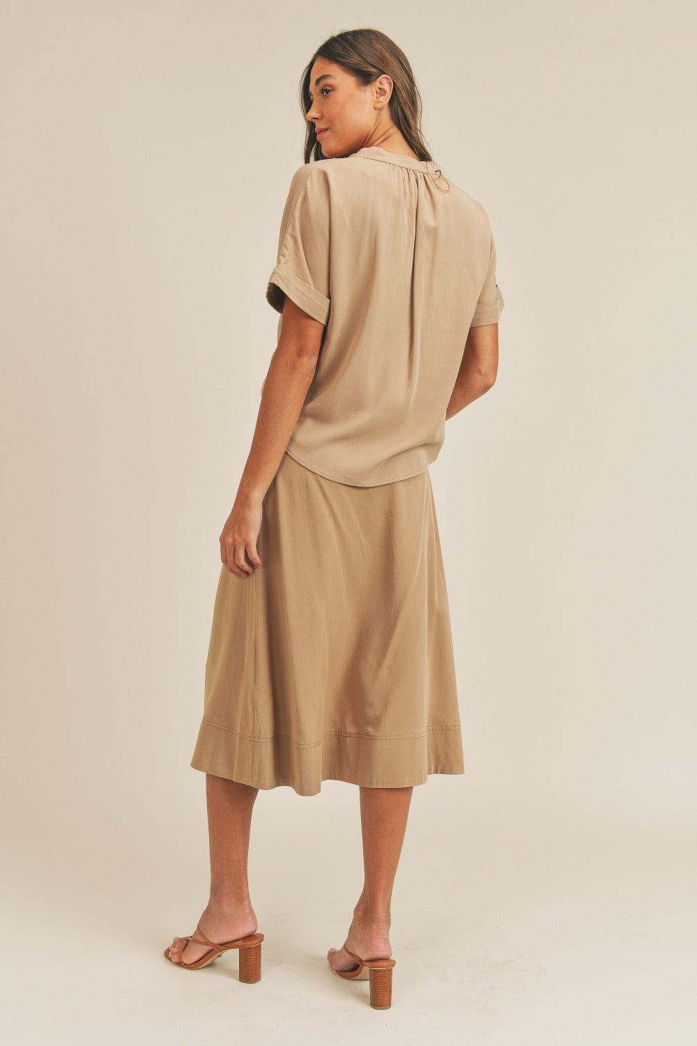 MABLE Short Sleeve Top and Button Down Midi Skirt Set - Trendsi