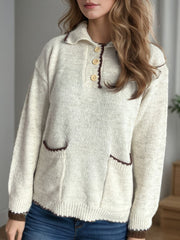 Contrast Trim Quarter Button Long Sleeve Sweater - Trendsi