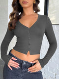 Buttoned V-Neck Long Sleeve T-Shirt - Trendsi