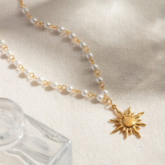 18K Gold-Plated Pearl Sun Necklace - Trendsi