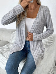 Ribbed Open Front Long Sleeve Cardigan with Pockets - Trendsi