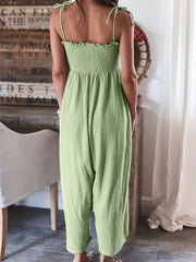 Full Size Smocked Spaghetti Strap Wide Leg Jumpsuit Trendsi