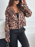 Leopard Collared Neck Cropped Jacket - Trendsi