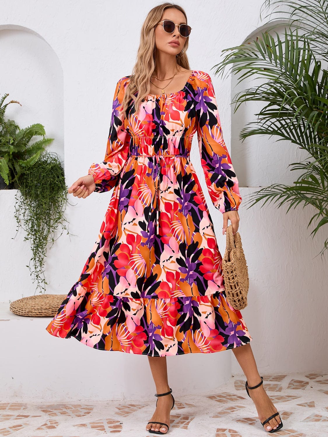 Printed Long Sleeve Midi Dress - Trendsi