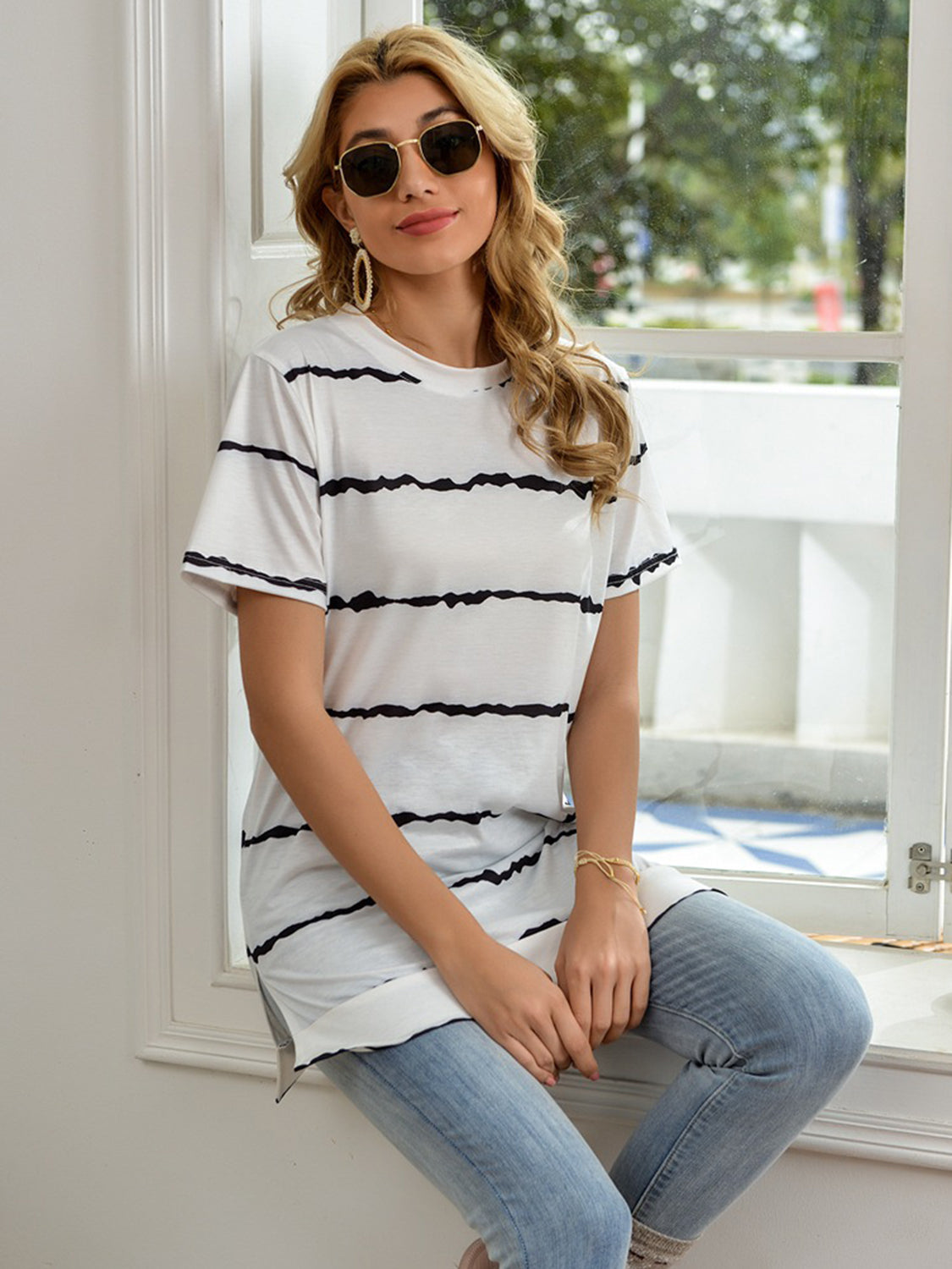 Striped Round Neck Short Sleeve T-Shirt - Flyclothing LLC