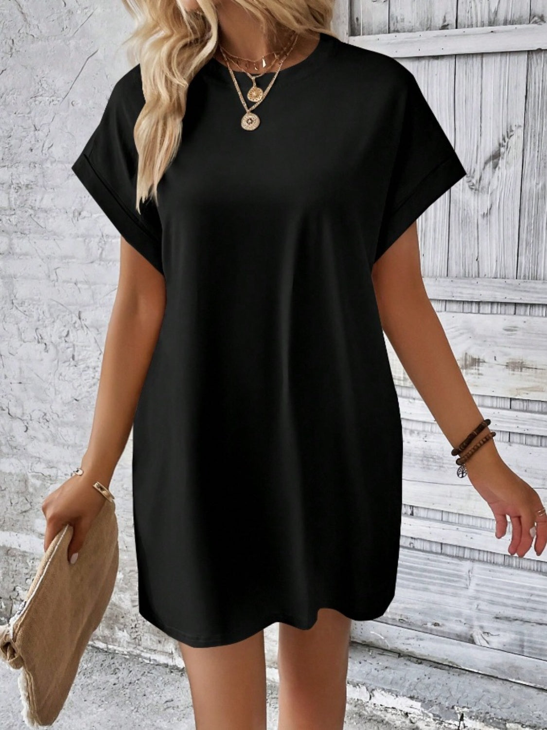 Pocketed Round Neck Short Sleeve Dress - Flyclothing LLC