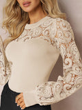 Lace Round Neck Long Sleeve T-Shirt - Trendsi