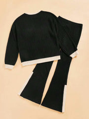 Contrast Round Neck Long Sleeve Top and Bootcut Pants Set - Trendsi