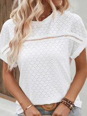 Eyelet Round Neck Short Sleeve Blouse - Flyclothing LLC