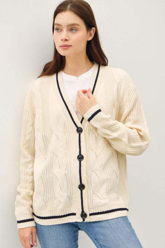 Be Cool Contrast Trim Cable-Knit V-Neck Cardigan - Trendsi