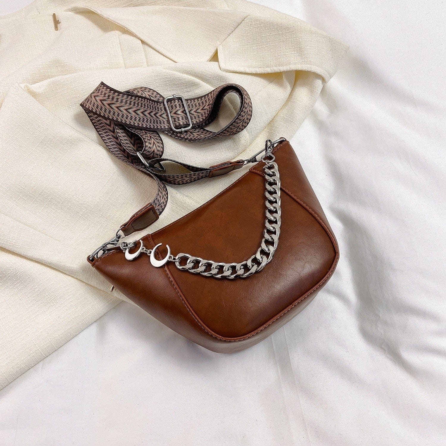 PU Leather Chain Trim Crossbody Bag - Trendsi